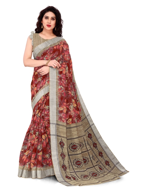 

KALINI Red & Beige Floral Printed Zari Bagh Saree