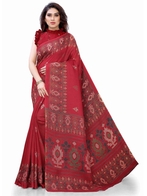 

KALINI Red & Blue Ethnic Motifs Printed Jute Cotton Saree