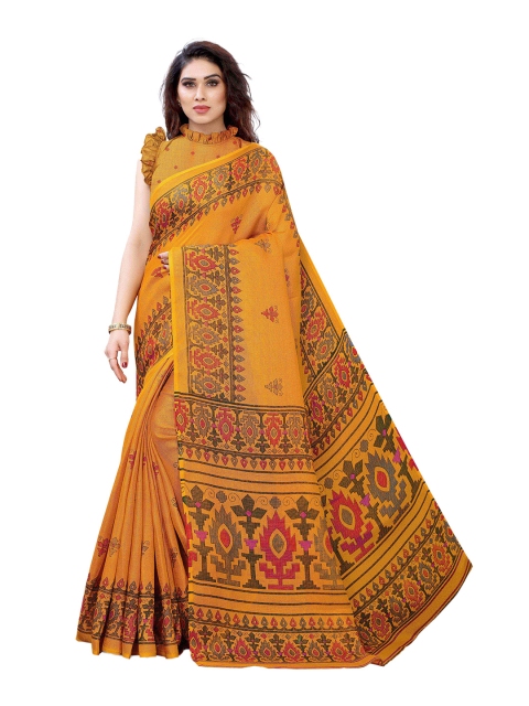 

KALINI Mustard & Red Ethnic Motifs Printed Jute Cotton Saree
