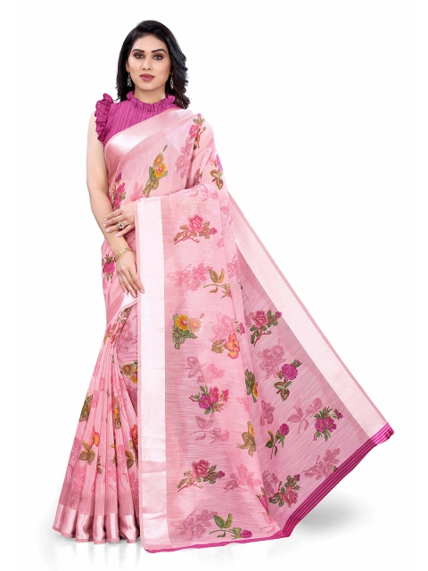 

KALINI Pink & Green Floral Printed Bagh Saree