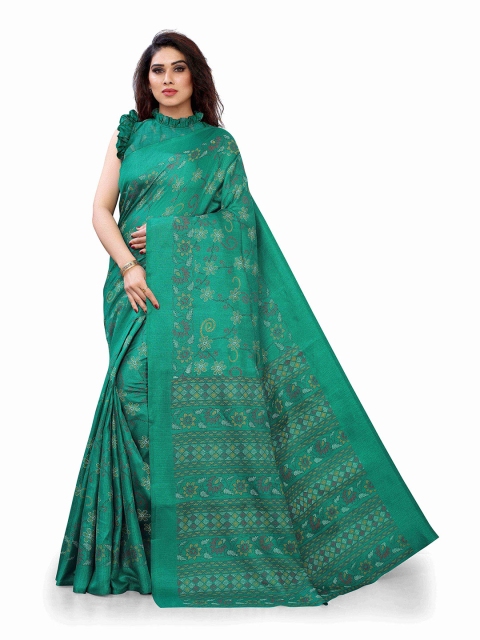 

KALINI Teal & Red Floral Printed Silk Blend Bagh Saree