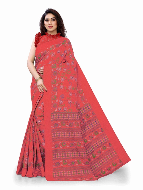 

KALINI Red & Blue Floral Printed Silk Blend Bagh Saree