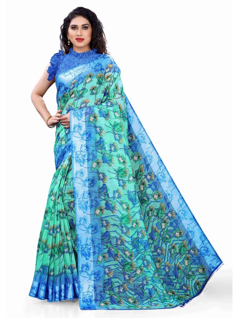 

KALINI Teal & Green Floral Printed Bagh Saree