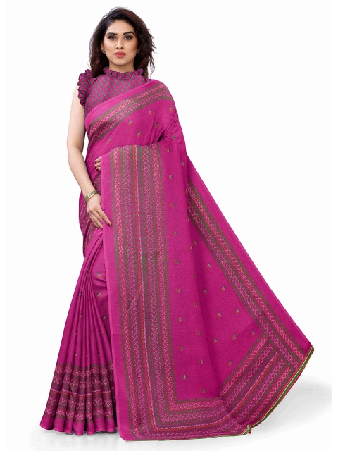 

KALINI Pink & Green Ethnic Motifs Printed Jute Cotton Saree