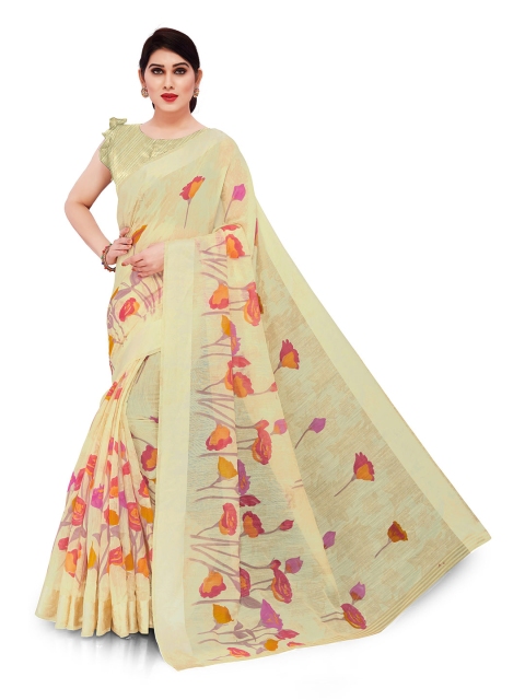 

KALINI Cream-Coloured & Pink Floral Printed Bagh Saree