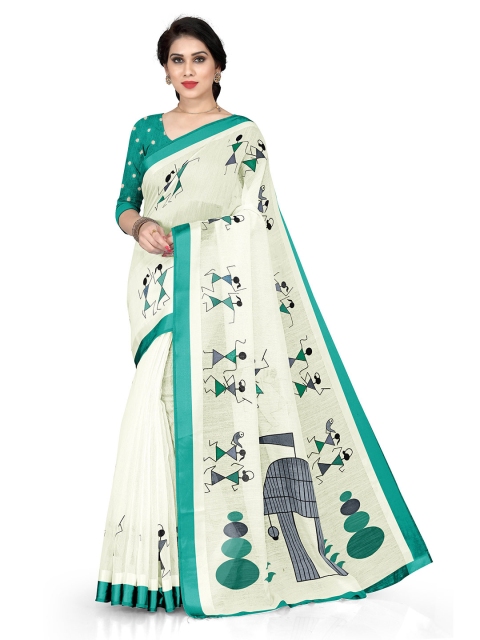 

KALINI White & Teal Warli Printed Saree