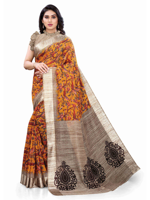 

KALINI Mustard & Beige Floral Printed Bagh Saree