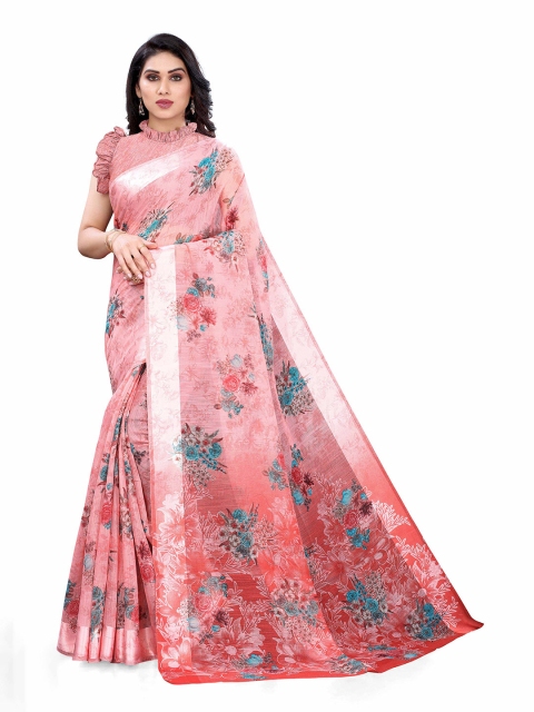 

KALINI Pink & Turquoise Blue Floral Printed Bagh Saree