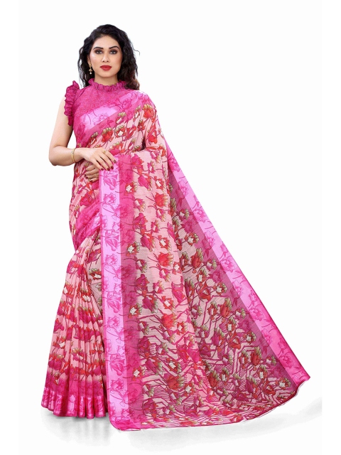 

KALINI Pink & Green Floral Printed Bagh Saree