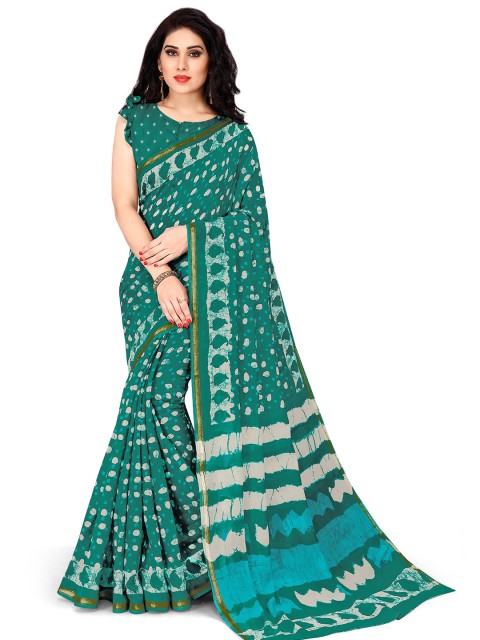 

KALINI Teal & White Printed Zari Saree
