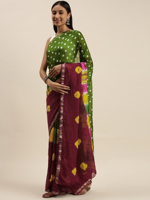 

Mitera Maroon & Green Bandhani Art Silk Half and Half Bandhani Saree