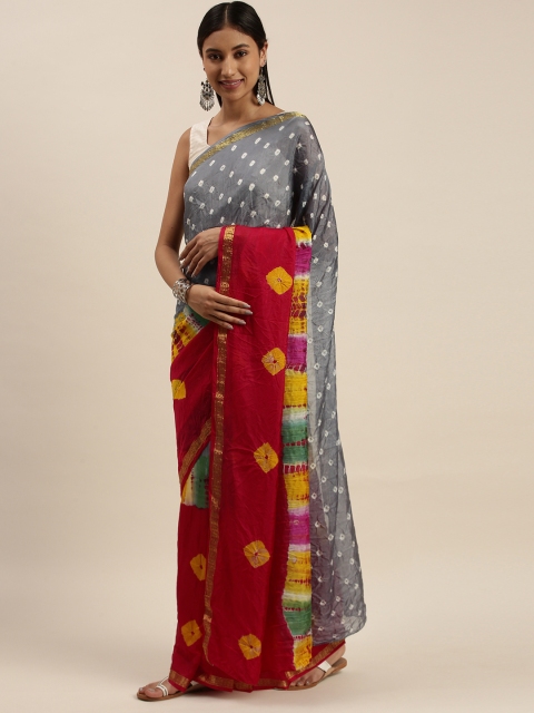 

Mitera Grey & Red Bandhani Silk Blend Bandhani Saree