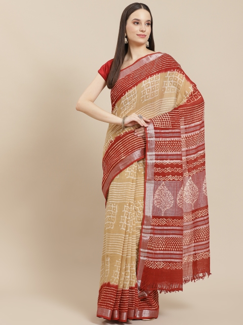 

InWeave Beige & Red Pure Linen Block Print Saree