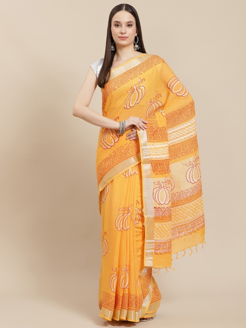 

InWeave Yellow Zardozi Pure Linen Block Print Saree