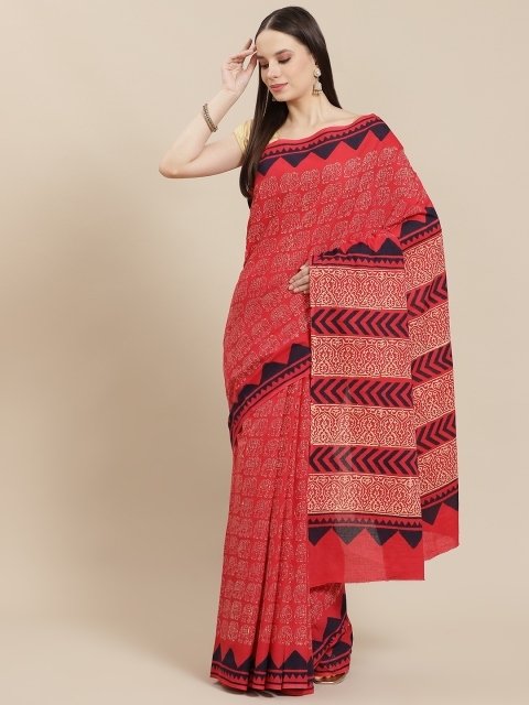 

InWeave Red & Black Ethnic Motifs Pure Cotton Block Print Saree