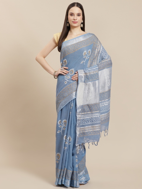 

InWeave Blue Floral Pure Linen Block Print Saree