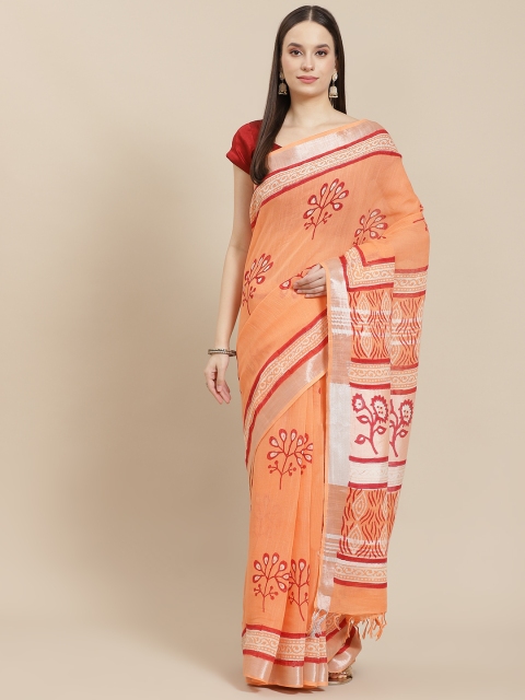 

InWeave Orange & Red Ethnic Motifs Zari Pure Linen Block Print Saree