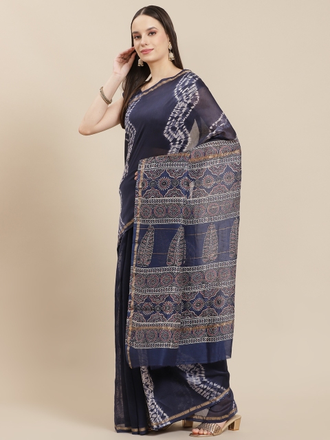 

InWeave Blue Leheriya Silk Cotton Block Print Saree