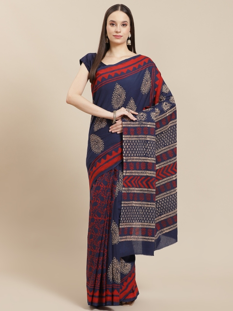 

InWeave Blue & Red Woven Design Zardozi Pure Cotton Block Print Saree