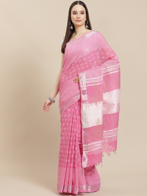 

InWeave Pink Woven Design Zardozi Pure Linen Block Print Saree