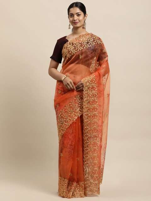 

Mitera Orange Floral Beads and Stones Organza Saree