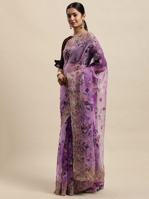 

Mitera Violet Floral Beads and Stones Organza Embrodiery Saree