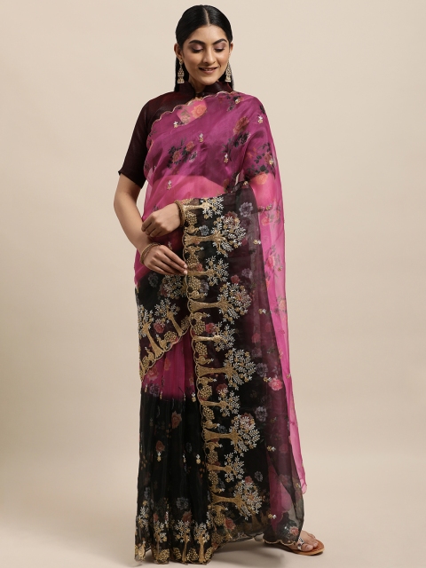

Mitera Black Floral Beads and Stones Organza Embrodiery Saree