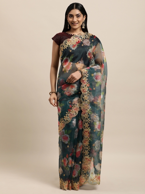 

Mitera Black Floral Beads and Stones Organza Saree