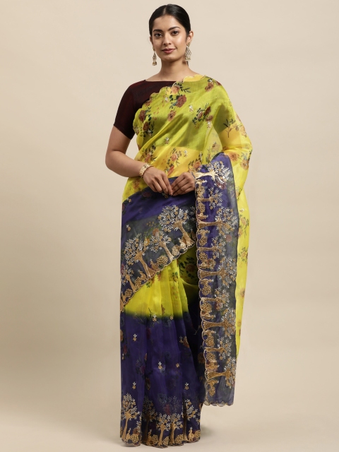 

Mitera Blue & Yellow Floral Beads and Stones Organza Saree