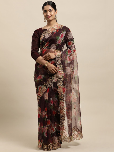 

Mitera Purple Floral Beads and Stones Organza Saree