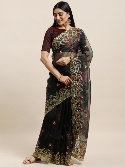 

Mitera Black Floral Beads and Stones Organza Saree