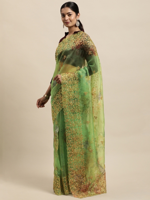 

Mitera Green Floral Beads and Stones Organza Saree