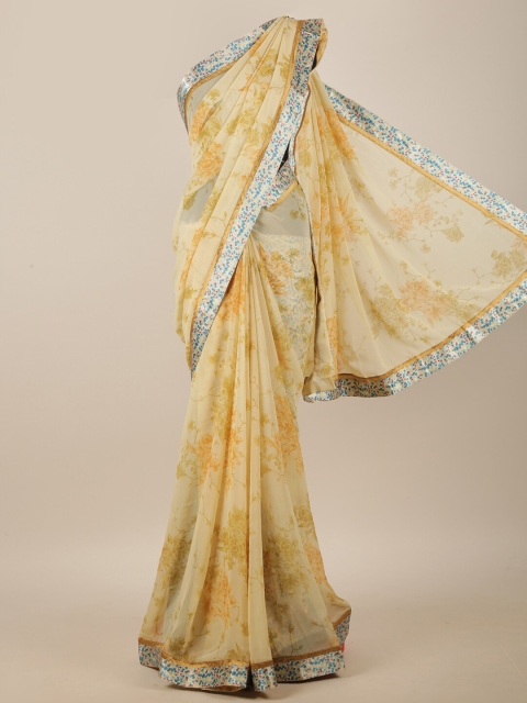 

Pothys Cream-Coloured & Green Floral Printed Saree