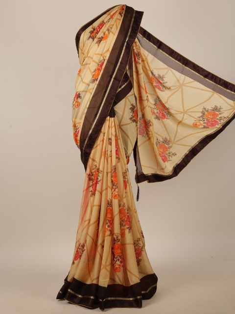 

Pothys Cream-Coloured & Orange Floral Printed Saree