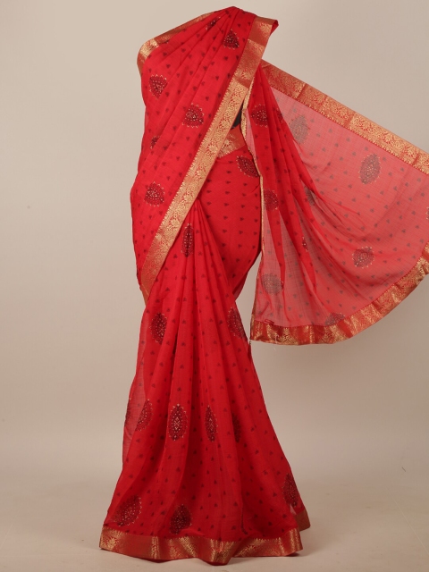 

Pothys Red & Gold-Toned Ethnic Motifs Printed Zari Saree