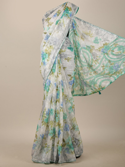 

Pothys Off White & Green Floral Printed Saree