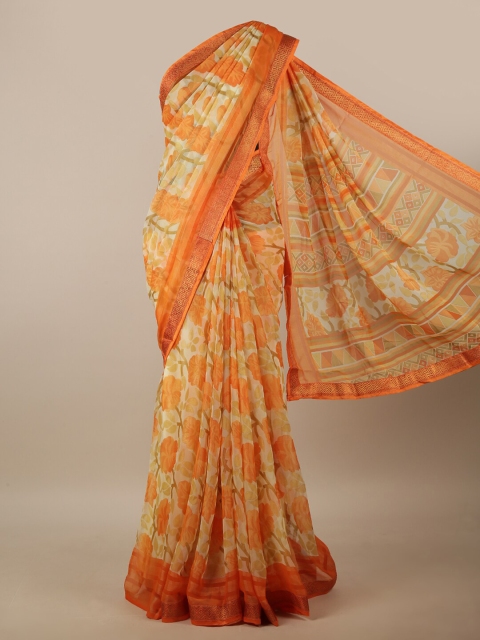 

Pothys Cream-Coloured & Orange Floral Printed Saree