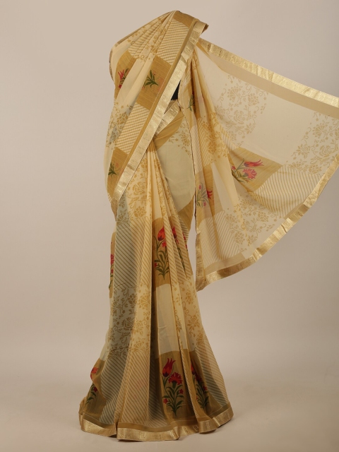 

Pothys Cream-Coloured & Red Floral Printed Saree