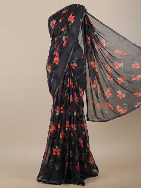 

Pothys Charcoal Grey & Orange Floral Printed Saree