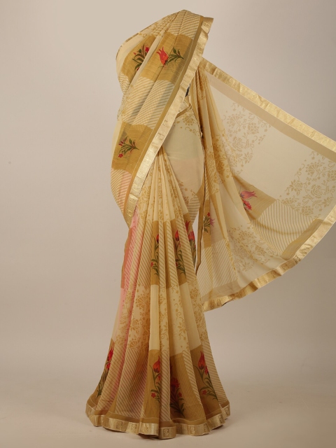 

Pothys Cream-Coloured & Brown Floral Printed Saree