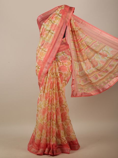 

Pothys Cream-Coloured & Pink Floral Printed Saree