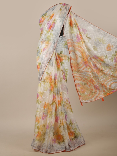 

Pothys Off White & Orange Floral Printed Saree