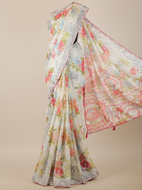 

Pothys Off White & Pink Floral Printed Saree