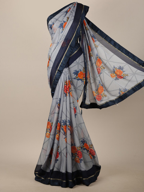 

Pothys Grey & Navy Blue Floral Printed Saree