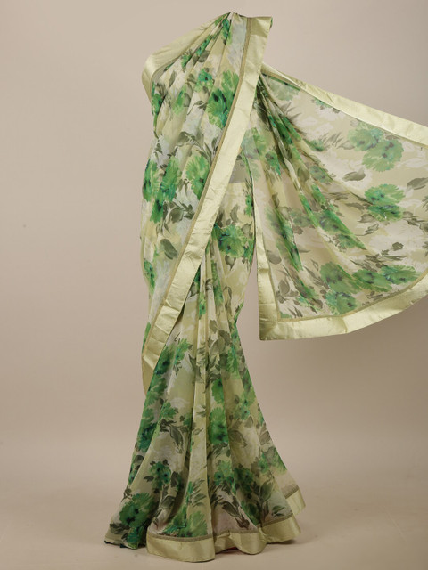 

Pothys Cream-Coloured & Green Floral Printed Saree