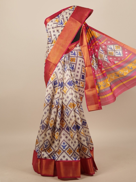 

Pothys Cream-Coloured & Magenta Geometric Printed Saree