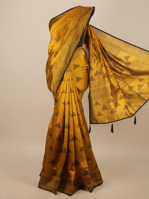 

Pothys Mustard Yellow & Black Geometric Printed Saree