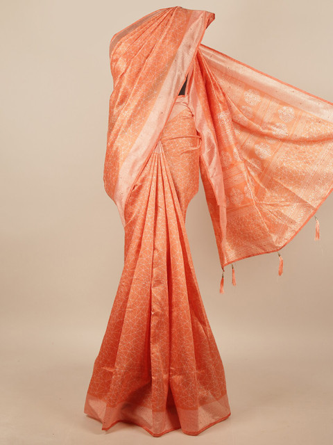 

Pothys Peach-Coloured & White Geometric Printed Saree