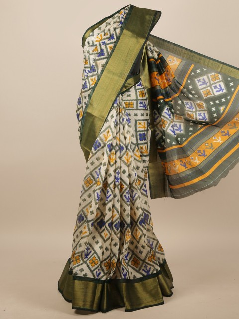

Pothys Cream-Coloured & Blue Geometric Printed Saree
