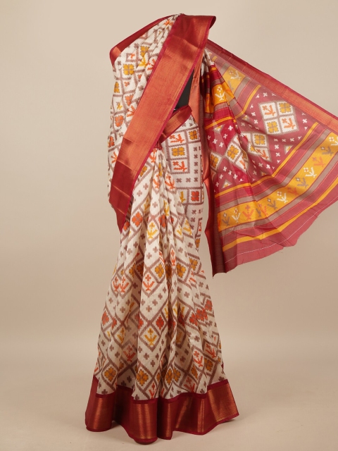 

Pothys Cream-Coloured & Red Geometric Printed Zari Saree